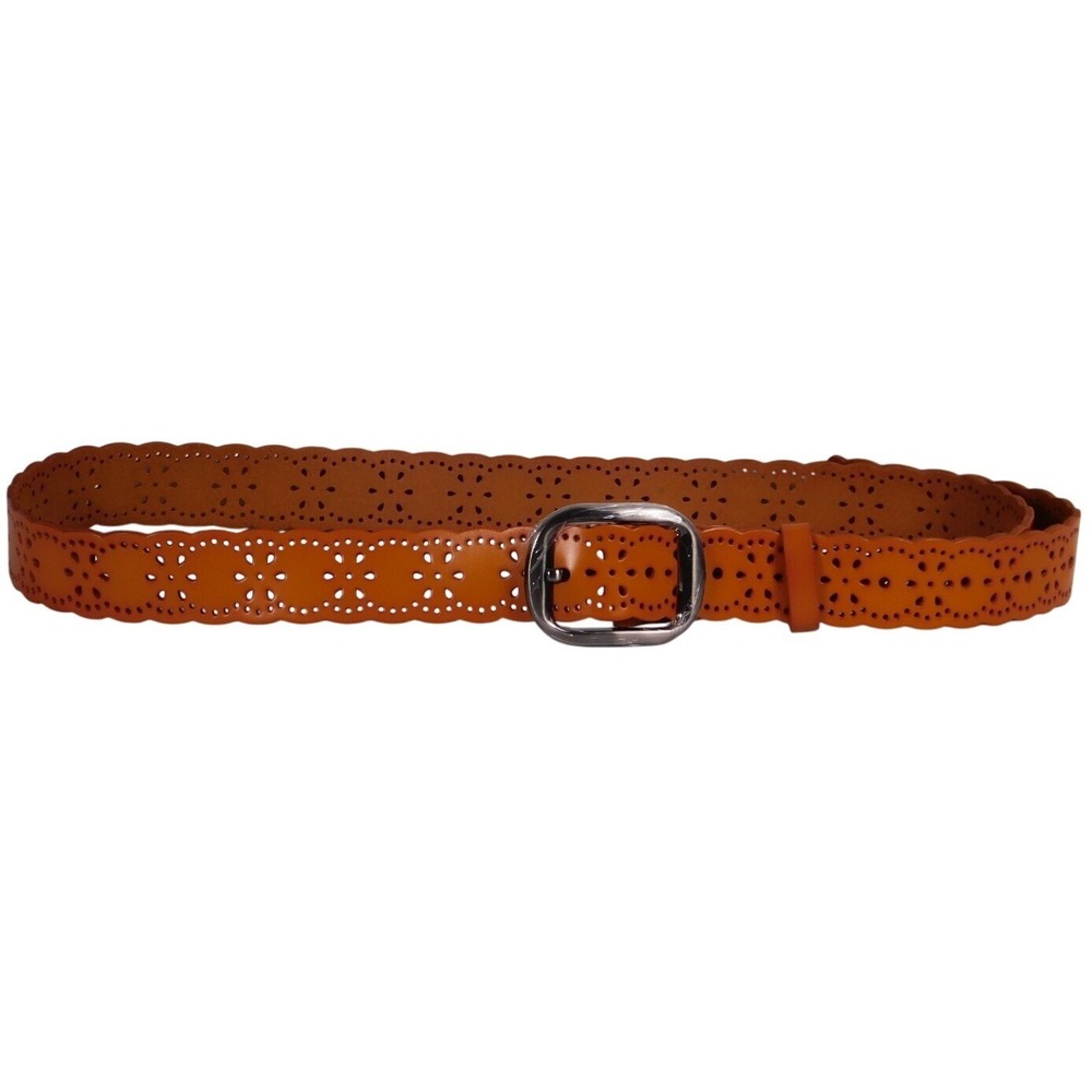 Woman's Brown Genuine Leather Hollowed Out Belt, Vintage Wave Decoration
